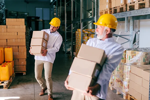 Two men carrying boxes. 